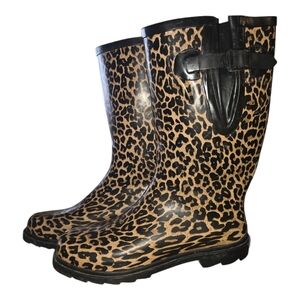 Chic Leopard Print Brown and Black Winter Rain Boots
